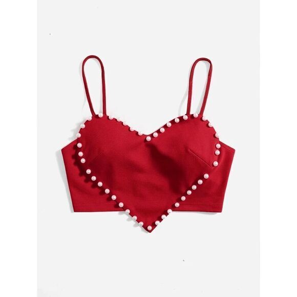 ❤ NEW Cute Heart Shaped Crop Top Pearls Trim SIZE L - Picture 3 of 17